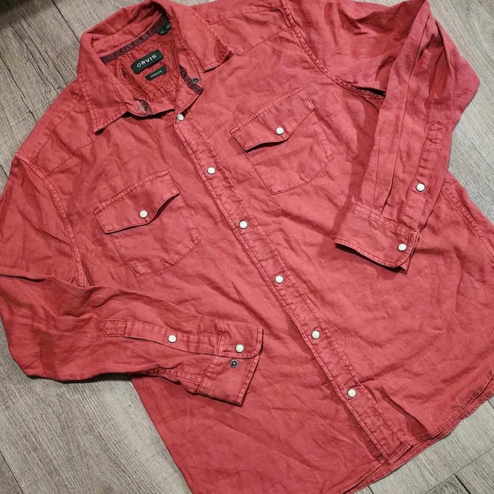 Orvis Mens Active Fit Long Sleeve Pearl Snap Front Western Shirt Red Rust Size M